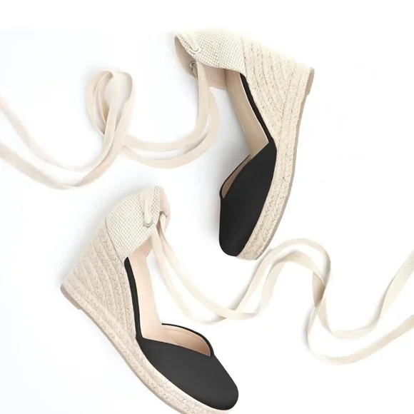 NEW! Espadrille wedges black tie lace up heels platform sandals casual size 10 - Picture 2 of 6